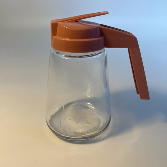 GEMCO Vintage Glass Sugar Syrup Dispenser w/ Retro Pink Plastic Lid and Handle - Picture 2 of 8